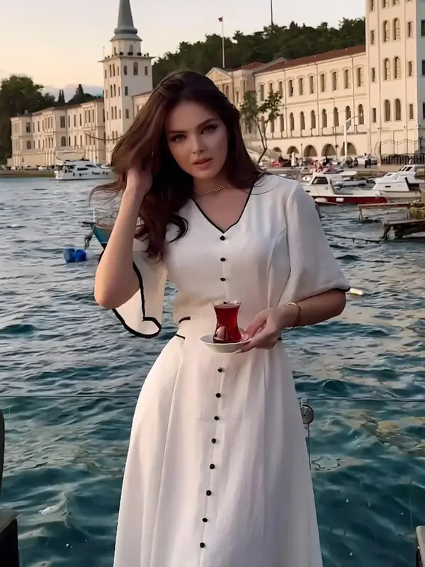 Women's Contrast Binding Split Hem Button Decor Dress, Elegant V Neck Butterfly Sleeve A Line Dress for Spring & Fall, Women'...