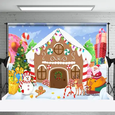 Gingerbread House Snowy Santa Christmas Backdrop - Aperturee