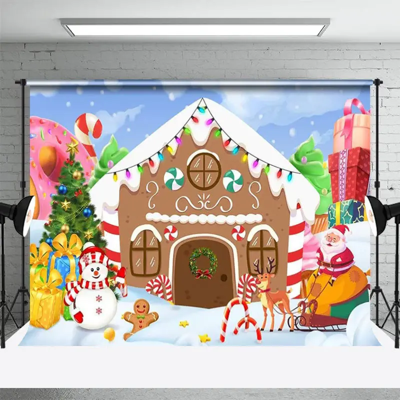 Gingerbread House Snowy Santa Christmas Backdrop - Aperturee