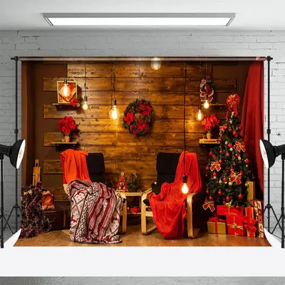 Wooden Wall Warm Light Xmas Tree Christmas Backdrop - Aperturee