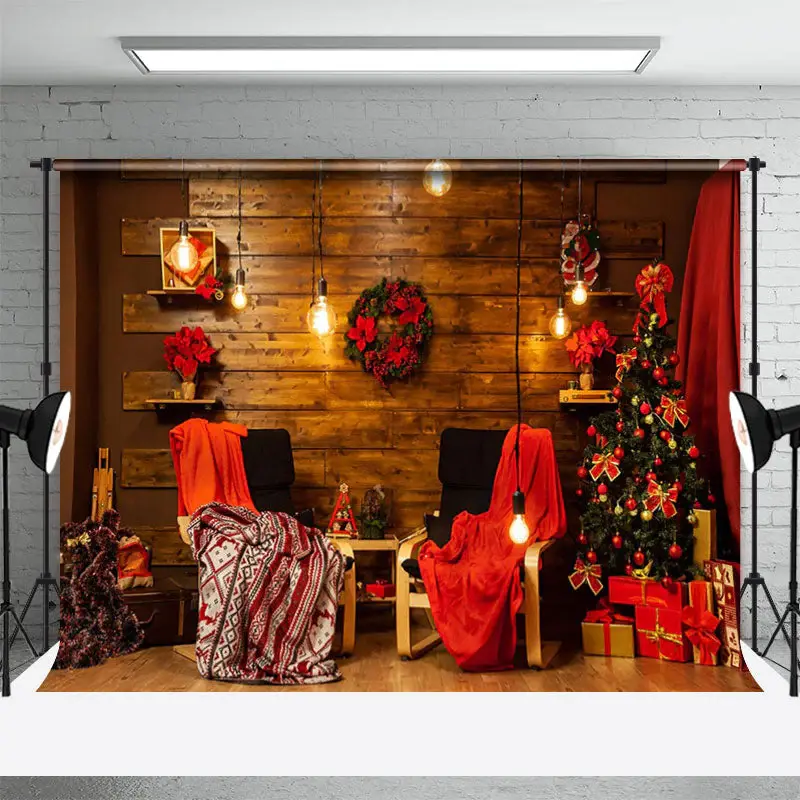 Wooden Wall Warm Light Xmas Tree Christmas Backdrop - Aperturee