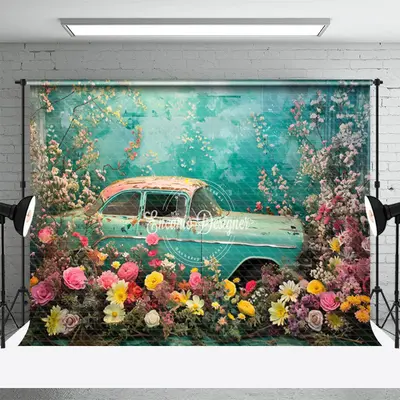 Pink Yellow Flower Retro Blue Car Spring Backdrop - Aperturee