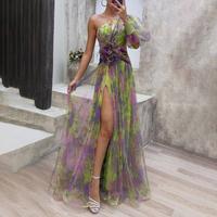 ChicMe Women's 3D Flower Decor Tie Dye Print One Shoulder Mesh Spliced Double-Layered Evening Dress Cutout Waist Side High Sl...