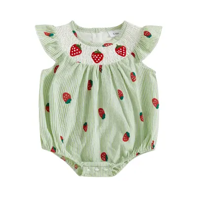 Baby Girl Summer Romper Casual Strawberry Striped Print Fly Sleeves Jumpsuit for Newborn Toddler Cute Clothes 0-24months