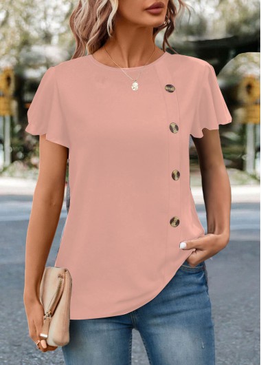 Modlily Pink Button Short Sleeve Round Neck T Shirt - XXL