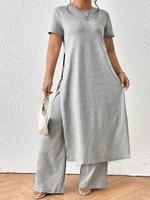 【Plus Size】 Two-Piece Set Solid Color Top & Wide Leg Pants, Casual Fashion Cozy Top & Trousers for Daily Outdoor Wear, Wo...