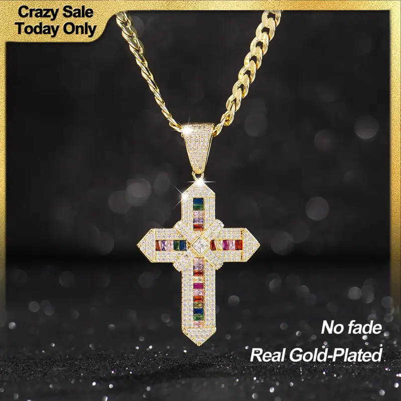 Holylegend 14K Real Gold Plated Multicolor & Green Cross Necklace for Women and Men, Tarnish-Free Iced Out Pendant with 5A CZ...