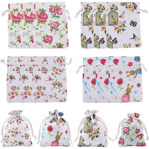 4 Styles Flower Print Burlap Packing Pouches