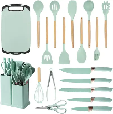 Cooking Utensils Set, 19 Piece Kitchen Set Cutlery Set with 11 Piece Spatula Cooking Utensils, Heat Resistant Silicone Cutler...