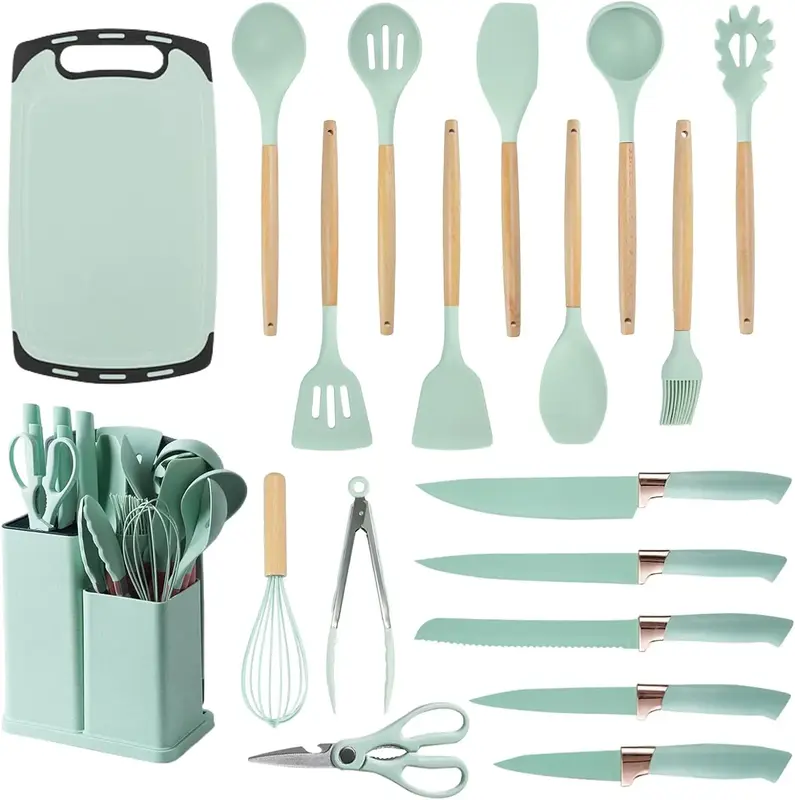 Cooking Utensils Set, 19 Piece Kitchen Set Cutlery Set with 11 Piece Spatula Cooking Utensils, Heat Resistant Silicone Cutler...