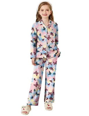 Arshiner Pajamas Set for Girls Plaid Long Sleeve Lounge Set Button Down Pj Sets Fashion Casual Butterflies