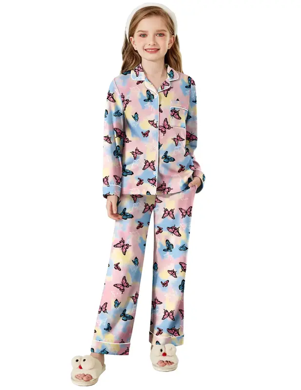 Arshiner Pajamas Set for Girls Plaid Long Sleeve Lounge Set Button Down Pj Sets Fashion Casual Butterflies