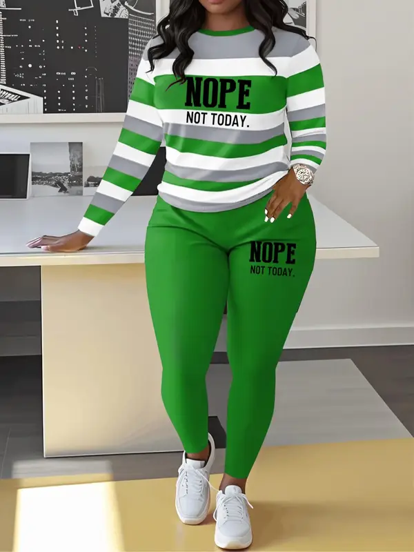 Two-piece Set Women's Striped and Letter Print Tee & Elastic Waist Pants, Casual Long Sleeve Top & Trousers for Spring & Fall...