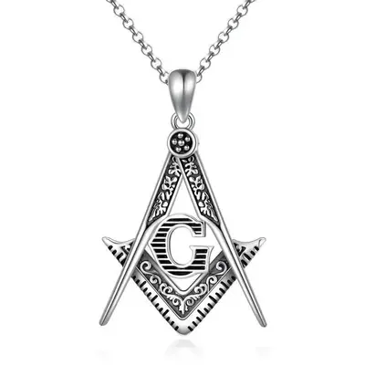 Sterling Silver Masonic Symbol Pendant Necklace with Initial Letter G for Men