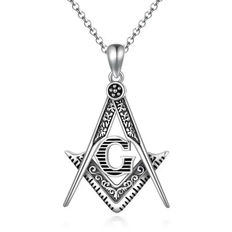 Sterling Silver Masonic Symbol Pendant Necklace with Initial Letter G for Men