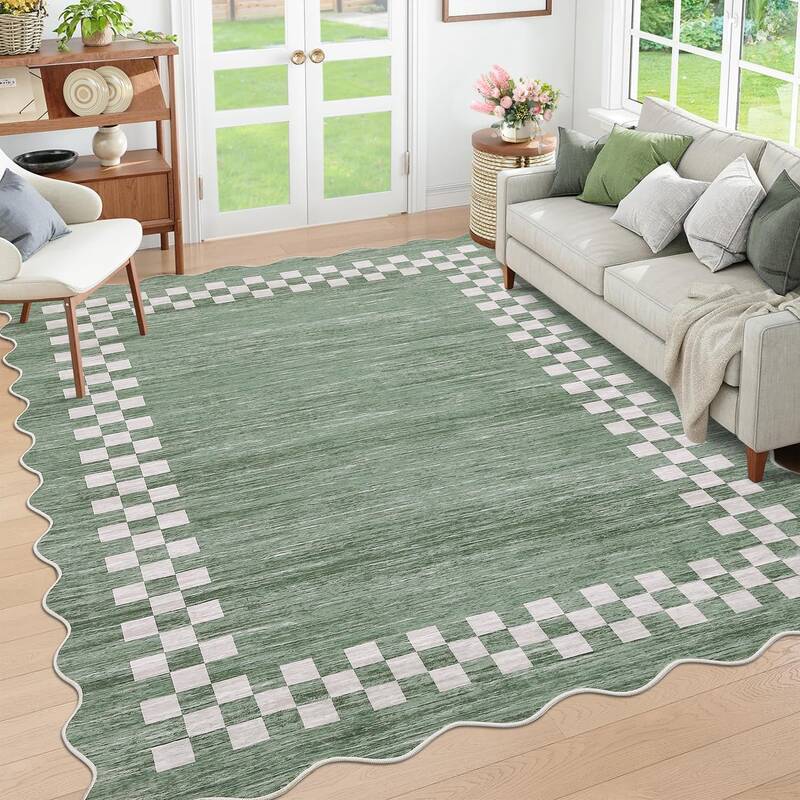 Garvee Bordered Green 5x7 Washable Rug for Living Room Large Bedroom Scalloped Rug Non Slip Stain Resistant Modern Border Thr...