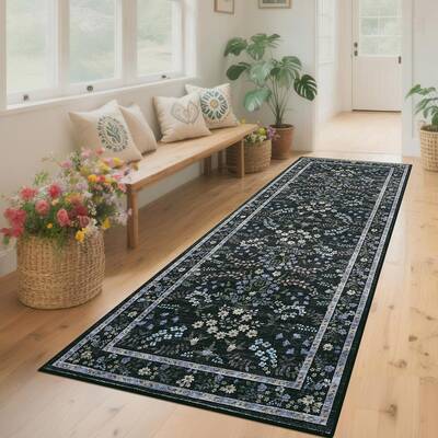 Garvee Washable Runner Rug 2x6 Modern Farmhouse Floral Non-Slip Low Pile Polyester Foldable Indoor Kitchen Hallway Laundry