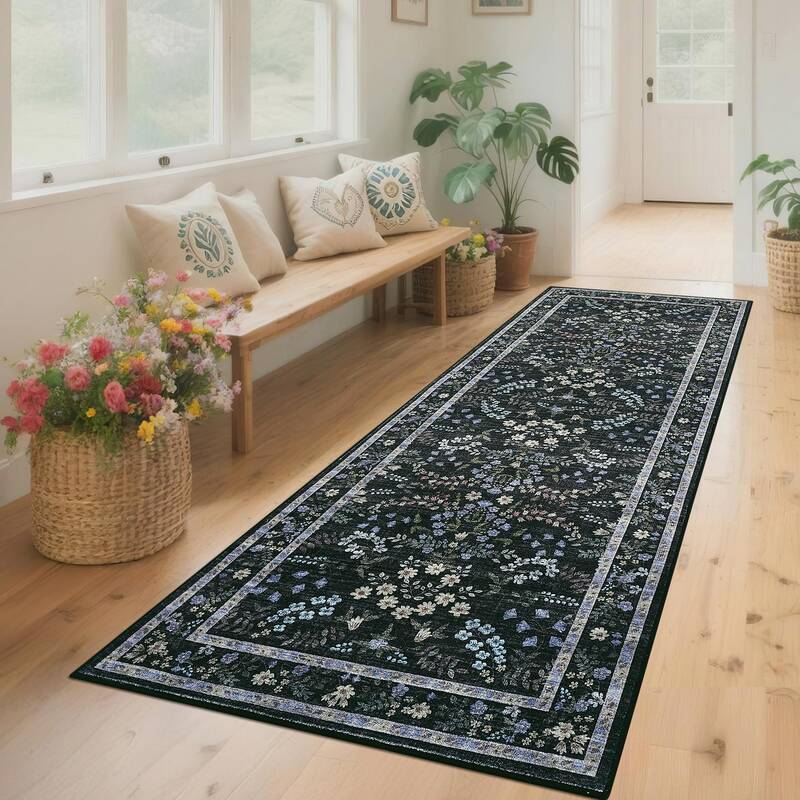 Garvee Washable Runner Rug 2x6 Modern Farmhouse Floral Non-Slip Low Pile Polyester Foldable Indoor Kitchen Hallway Laundry