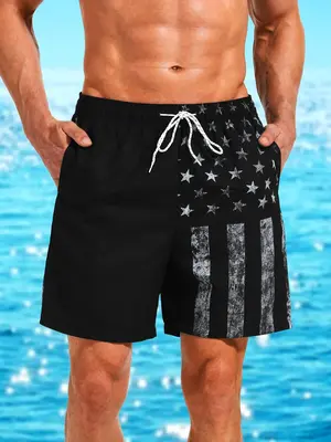 Men Swim Trunks Regular Fit Star & Striped Print Drawstring Waist Beach Shorts, Casual Pocket Gym Shorts for Holiday Vacati...