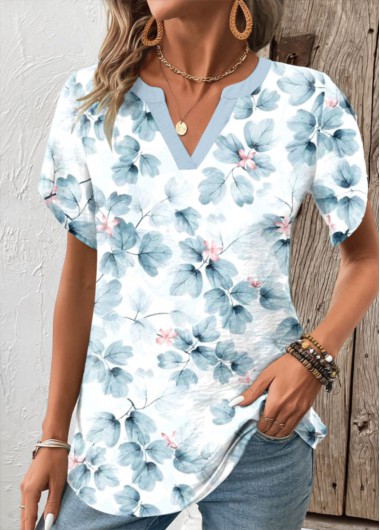 Modlily Light Blue Patchwork Random Floral Print Short Sleeve Blouse - L
