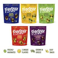 Freestyle Snacks - Pitted Olives Variety Pack - 5 Bags - 4oz - 5 Bold Flavors: Lemon Garlic, Hot & Spicy, Mediterranean Herb ...