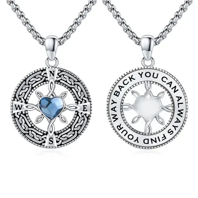 Sterling Silver Heart Crystal Compass Pendant Necklace