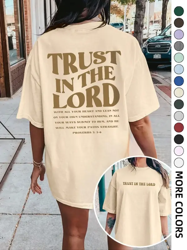 Women's Plain / Letter Print Drop Shoulder Tee, Casual Comfy Half Sleeve Round Neck T-shirt for Summer, Fashion Simple Women'...