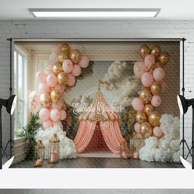 Pink Luxury Tent Mural Balloons Cake Smash Backdrop - Aperturee