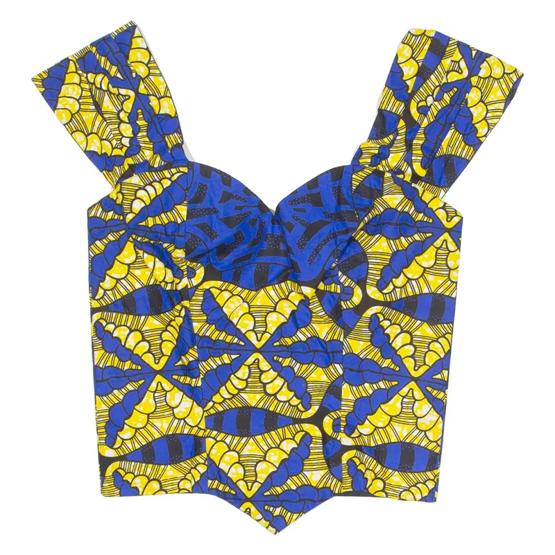 Womens Cropped Top Blue V-Neck Sleeveless Crazy Pattern M