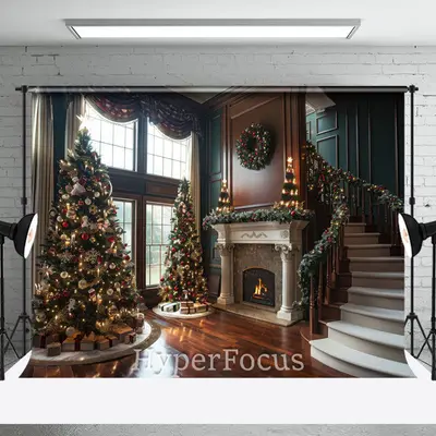 Indoor Stairs Retro Green Brown Christmas Backdrop - Aperturee