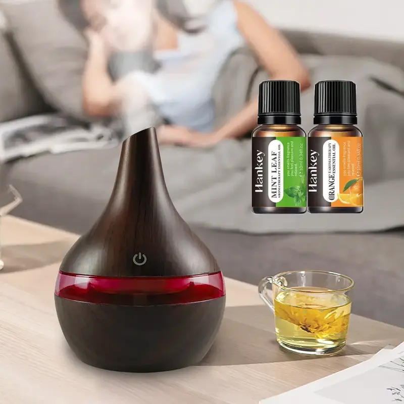 300ml USB Humidifier & Essential Oil Diffuser, Wood Grain Design  Cool Mist for Home, Office, Desktop  Includes 2 Aroma Oils