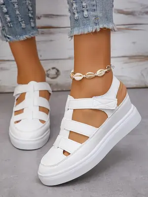 Women's Plain Color Wedge Sandals, Hollow Out Design Velcro Wedge Footwear Sandals, Casual Comfortable Platform Walking Shoes...