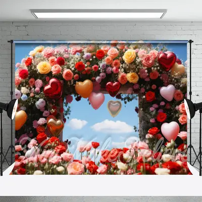 Flowers And Heart Balloons Valentines Day Backdrop - Aperturee