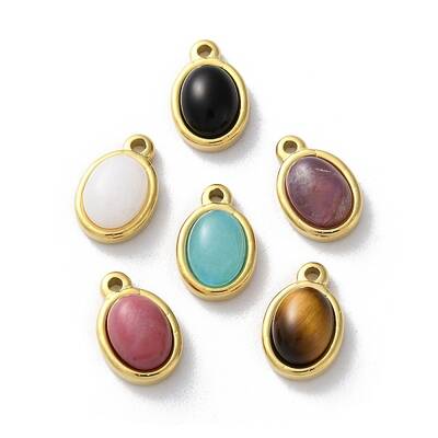 Ion Plating(IP) 304 Stainless Steel Pave Natural Mixed Gemstone Oval Charms