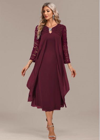 Modlily Wine Red A Line 3/4 Sleeve Round Neck Dress - XXL