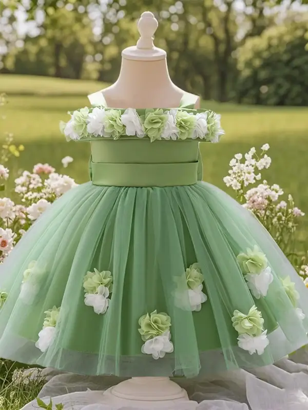 Girl's Floral Appliques Cold Shoulder Dress, Cute Romantic Comfortable Elegant Princess Themed Dress for Wedding Party, Kids ...