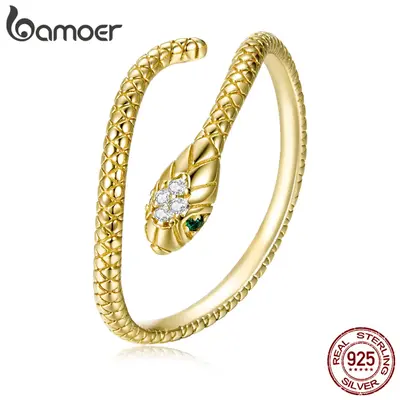 BAMOER 925 Sterling Silver Punk Style Decorated Snake Cuff Ring For Women Real Gold Rings Adjustable Hypoallergenic Silver Je...