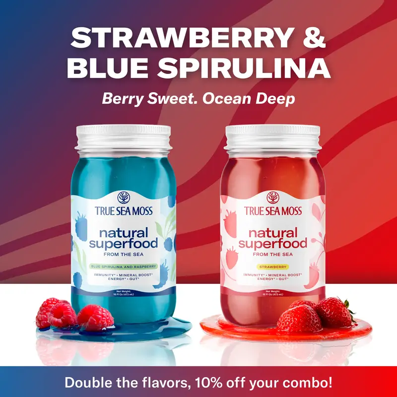 TrueSeaMoss 2-Bottle Bundle: Blue Spirulina-Raspberry & Strawberry – Wildcrafted Irish Sea Moss Gel –  Rich in Minerals &...