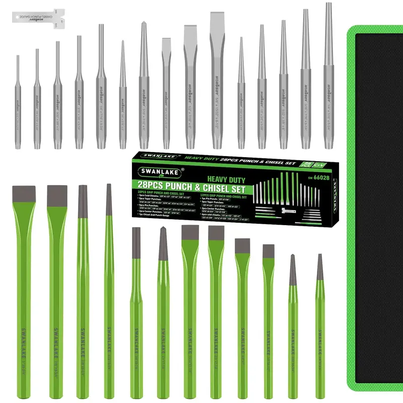 SWANLAKE Punch and Chisel Set, Including Taper Punch, Cold Chisels, Pin Punch, Center Punch (28pcs) green  rubber tool kit re...