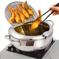 Stainless Steel Tempura Fryer with Drip Rack, 1 Count Oil Fryer Pan with Temperature Control, Kitchen Accessories Essential F...