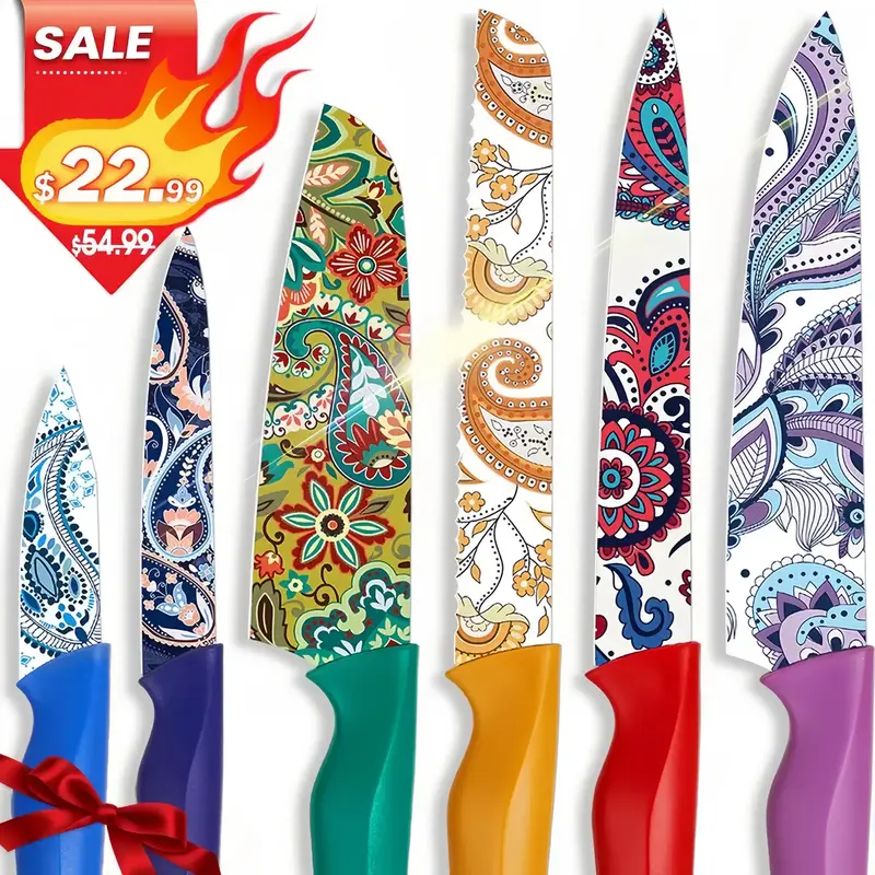 Astercook Paisley Knife Set, Scratch Resistant Coating, 6 Knives and 6 Knife Holders, High Carbon Stainless Steel Kitchen Bl...