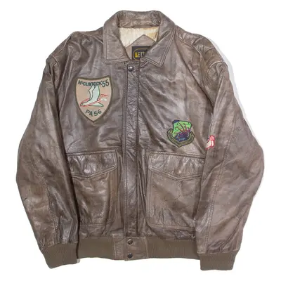 LET'S GO Mens Fleece Jacket Brown Leather 90s USA Patchwork S