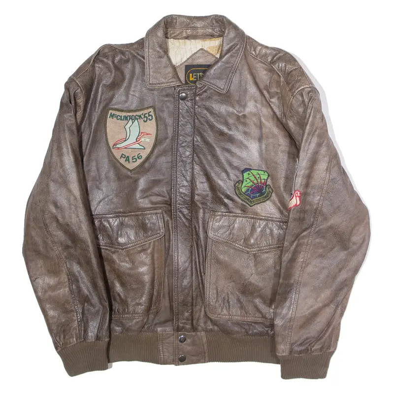 LET'S GO Mens Fleece Jacket Brown Leather 90s USA Patchwork S