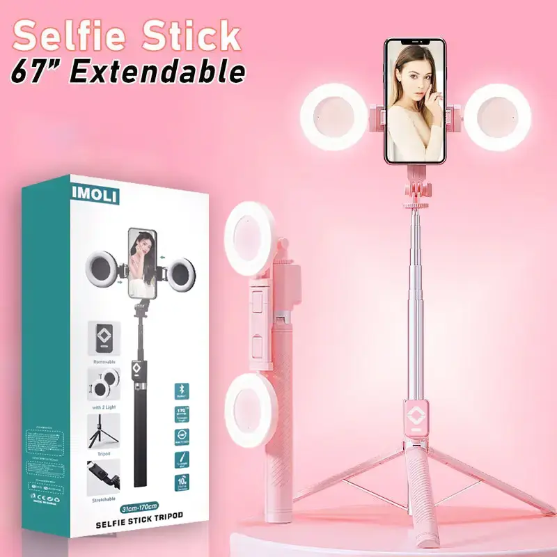 IMOLI Upgraded 67-Inch Telescopic Multi-Function Mobile Phone Selfie Stick With Dual Fill Light, Built-In Tripod And Wireless...