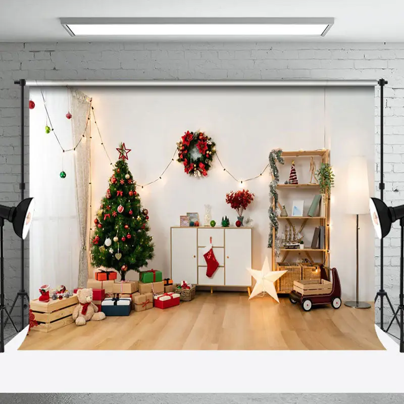 Curtain Light Pine Tree Wreath Christmas Backdrop - Aperturee