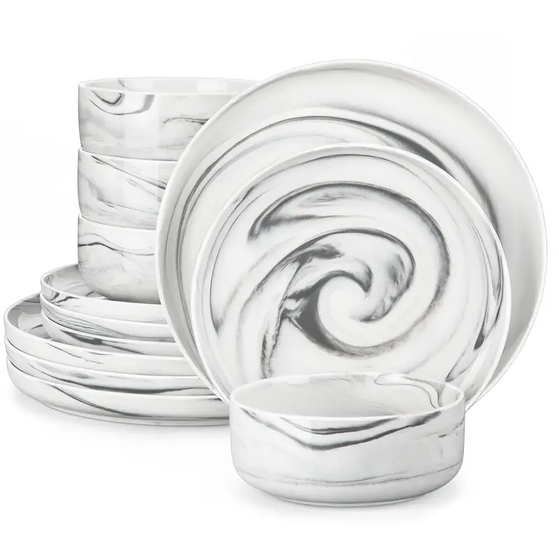 MALACASA 12/18 Pieces Modern Kitchenware, Porcelain Tableware Dishware Sets Chip Resistant Ceramic Dish Cutlery Set Service f...