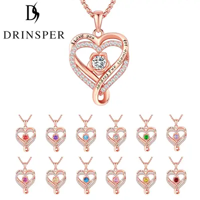 DRINSPER Elegant Birthstone Heart Necklace, Sparkly Rose Gold Heart Necklace, Trendy Necklace Fashion Matching Jewelry Access...