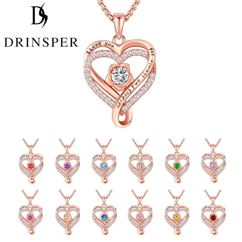 DRINSPER Elegant Birthstone Heart Necklace, Sparkly Rose Gold Heart Necklace, Trendy Necklace Fashion Matching Jewelry Access...