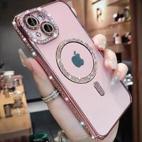 Luxury Bling Crystal Lens Film Phone Case For iPhone 15 11 12 13 14 Pro Max Plus Magsafe Magnetic Wireless Charging Clear Cov...