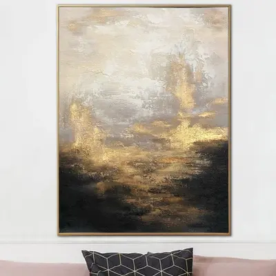 Abstract Black and White Painting on Canvas Gold Leaf Wall Art Beige Artwork Modern Landscape Painting for Aesthetic Room Dec...